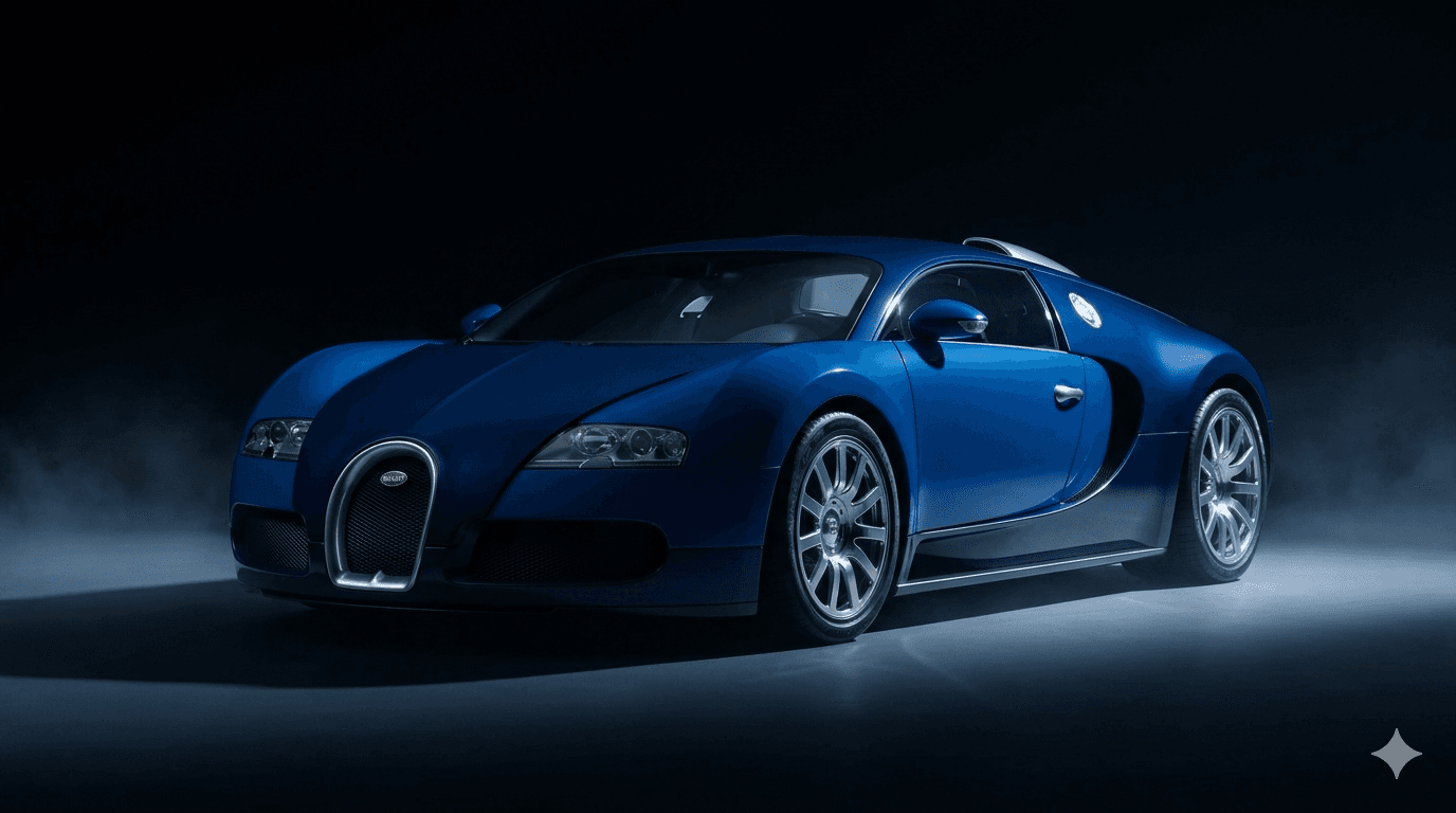 Bugatti Veyron 16.4 2005, el primer automóvil de producción en superar los 400 km/h, con carrocería bicolor azul Bugatti y plata