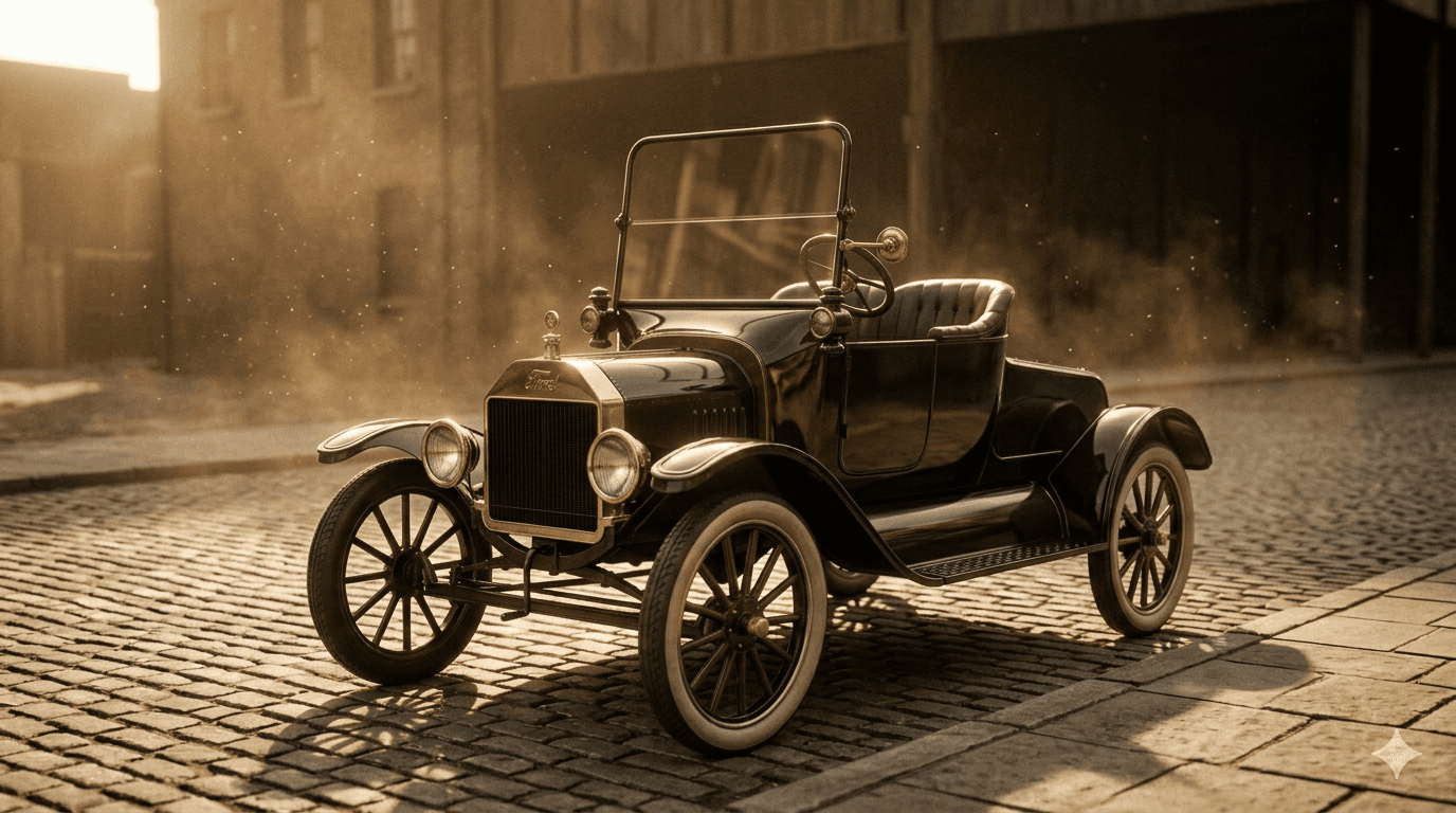 Ford Model T 1908, el primer automóvil producido en masa, color negro sobre fondo neutro